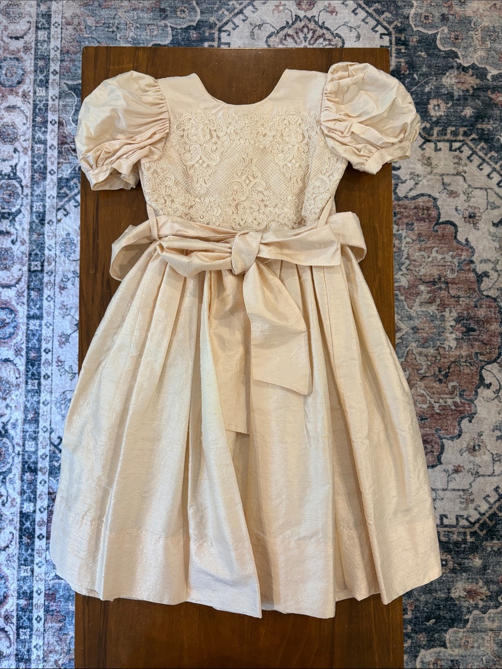 Girls Cream Lace Bodice Taffeta Dress Puff Sleeves & Sash 100% Silk Hand Made